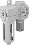 Image of Product. Inline with Clear Bowl and Guard. Front orientation. Inline Components. Compressed Air Filter/Regulators for Particle Removal, Gauge Included, Clear Bowl.