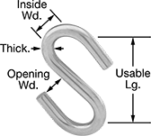 Image of Product. Front orientation. Contains Annotated. S-Hooks. Open-End S-Hooks—Not for Lifting, Straight Profile with Rounded Hook.