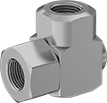 Image of Product. Female. Front orientation. Pipe and Fittings. High-Pressure Brass and Bronze Threaded Pipe Fittings, Intermittent-Swivel 90° Elbow Connectors, Threaded Fitting Connection, Female, Square Body.