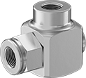 Image of Product. Female. Front orientation. Pipe and Fittings. High-Pressure Stainless Steel Threaded Pipe Fittings, Intermittent-Swivel 90° Elbow Connectors, Threaded Fitting Connection, Female, Square Body.