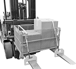 Image of ProductInUse. Tie-Down Clamps Shown Installed with Tie-Down Straps (Not Included). Front orientation. Forklift Tie-Down Clamps.