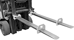 Image of ProductInUse. Tie-Down Clamps Shown Installed. Front orientation. Forklift Tie-Down Clamps.