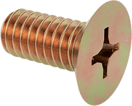 Image of Product. Front orientation. Mil. Spec. Steel Phillips Flat Head Screws, Cadmium-Plated, 100 Degree Countersink, 8-32 Thread, 3/8" Long.