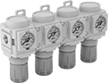 Image of Product. Four Manifolds (Each Sold Separately). Front orientation. Compressed Air Regulator Manifolds. SMC Modular Compressed Air Regulator Manifolds.