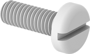 Image of Product. Front orientation. Nylon Pan Head Slotted Screws, M4 x 0.70 mm Thread, 12mm Long.