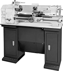 Image of ProductInUse. Shown with Workbench (Sold Separately). Front orientation. Lathes. Bench-Top Manual Lathes.