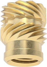Image of Product. Bottom orientation. Heat-Set Inserts for Plastic, Brass, M3 x 0.5 mm, 5.7 mm Installed Length.