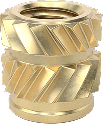 Image of Product. Bottom orientation. Heat-Set Inserts for Plastic, Brass, M4 x 0.7 mm, 6.4 mm Installed Length.