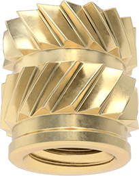 Image of Product. Bottom orientation. Heat-Set Inserts for Plastic, Brass, M4 x 0.7 mm, 6.4 mm Installed Length.