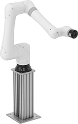 Image of ProductInUse. Shown with Robot Arm (Not Included). Front orientation. Robot Pedestals. T-Slotted Collaborative Robot Pedestals.