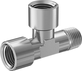 Image of Product. Front orientation. Medium-Pressure Plated Brass Threaded Pipe Fitting, Right-Angle Tee Adapter, 1/4 BSPP Female x BSPT Male.