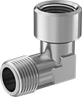 Image of Product. Male x Female. Front orientation. Pipe and Fittings. Medium-Pressure Brass and Bronze Threaded Pipe Fittings, 90° Elbow Adapters, Male, Female, Threaded Fitting Connection.
