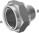 Image of Product. Female x Male. Front orientation. Contains Annotated. Pipe and Fittings. Medium-Pressure Brass and Bronze Threaded Pipe Fittings, Straight Reducing Adapters, Threaded Fitting Connection, Female, Male, Hex Body.