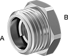 Image of Product. Male x Female. Front orientation. Contains Annotated. Pipe and Fittings. Medium-Pressure Brass and Bronze Threaded Pipe Fittings, Bushing Straight Reducing Adapters, Male, Threaded Fitting Connection, Female, Hex Body.