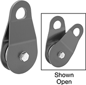Image of Product. Aluminum. Front orientation. Contains Annotated, Inset. Pulleys. Easy-Open Hanging Pulleys for Rope—For Horizontal Pulling, Aluminum.