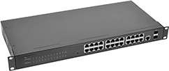 Image of Product. 24 Ethernet Sockets with 2 SFP Sockets. Front orientation. Ethernet Switches. Device-Prioritizing Rack-Mount Ethernet Switches, 24 Sockets.
