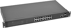 Image of Product. 16 Ethernet Sockets with 2 SFP Sockets. Front orientation. Ethernet Switches. Device-Prioritizing Rack-Mount Ethernet Switches, 16 Sockets.