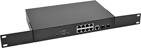 Image of Product. 8 Ethernet Sockets with 2 SFP Sockets. Front orientation. Ethernet Switches. Device-Prioritizing Rack-Mount Ethernet Switches, 8 Sockets.