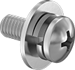 Image of Product. Front orientation. Rounded Head Screws. Stainless Steel Pan Head Phillips Screws with Flat and Split Lock Washer.