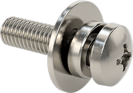 Image of Product. Front orientation. Pan Head Screws with Flat and Split Lock Washer, 10-32 Thread Size, 3/4" Long.