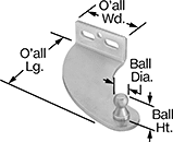 Image of Product. Front orientation. Contains Annotated. Gas Spring Mounts. Corrosion-Resistant 90° Angle Offset-Arm Ball Stud Mounting Brackets for Gas Springs, Style 2.