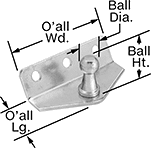 Image of Product. Front orientation. Contains Annotated. Gas Spring Mounts. 30° Angle Ball Stud Mounting Brackets for Gas Springs, Style 1.