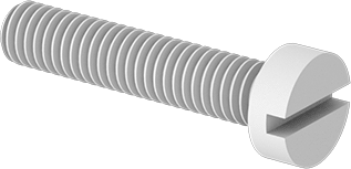 Image of Product. Front orientation. Narrow Cheese Head Slotted Screws, Plastic, M4 x 0.70 mm Thread, 20mm Long.