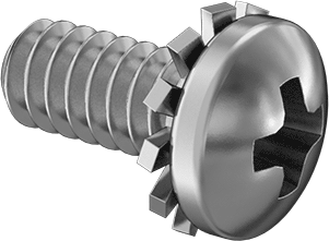 Image of Product. Front orientation. 18-8 Stainless Steel Pan Head Screw, with External-Tooth Lock Washer, 4-40 Thread Size, 1/4" Long.