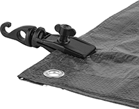 Image of ProductInUse. Front orientation. Tarp Fasteners. Heavy Duty Tarp Tie-Down Clips.
