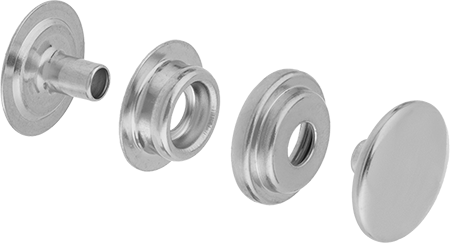 Image of Product. Front orientation. Exploded view. Fabric Snap, Nickel-Plated Steel, 9/16" Snap Diameter.