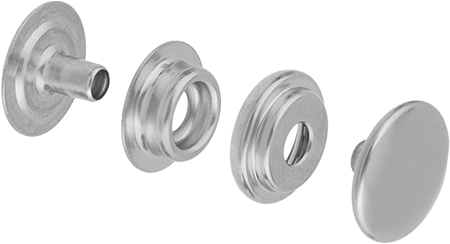 Image of Product. Front orientation. Exploded view. Fabric Snap, Nickel-Plated Brass, 9/16" Snap Diameter.