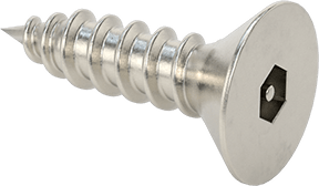 Image of Product. Front orientation. Tamper-Resistant Hex Drive Flat Head Screws, for Sheet Metal, 18-8 Stainless Steel, Number 14 Size, 1" Long.