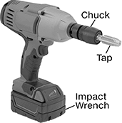 Image of System. Front orientation. Exploded view. Contains Annotated. Taps. Impact Wrench Pipe and Conduit Taps.