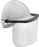 Image of ProductInUse. Solid Lens with Bracket (Hard Hat Sold Separately). Front orientation. Face Shields. Hard-Hat Mount Face Shields.