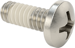 Image of Product. Front orientation. Thread-Locking Pan Head Phillips Screws, 6-32 Thread Size, 3/8" Long.