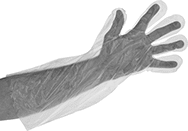 Image of ProductInUse. Gloves with Sleeve. Front orientation. Gloves. Loose-Fitting Polyethylene Disposable Gloves, Sleeve, Food Service, Gloves, Polyethylene, Textured.