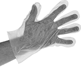 Image of ProductInUse. Gloves. Front orientation. Gloves. Loose-Fitting Polyethylene Disposable Gloves, Gloves, Food Service, Polyethylene, Textured, 11" Long.