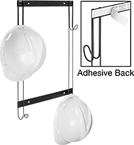 Image of ProductInUse. Wall Mount for 4 Hats. Front orientation. Contains Inset, Border, MultipleImages. Hard Hat Racks. Wall Mount, For 4 Hard Hats.