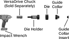 Image of Attribute. Start Threads with Guide Collar. Side1 orientation. Exploded view. Contains Annotated. Dies. Impact Wrench Die Kits.