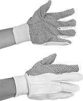 Image of ProductInUse. Cotton/Polyester Fabric with Palm Dot Grip. Front orientation. Gloves. Light Duty Work Gloves, Cotton/Polyester Fabric with PVC Grip, Palm.