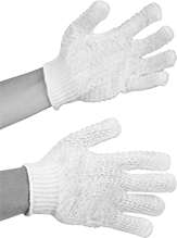 Image of ProductInUse. Cotton/Polyester Fabric with Full Criss-Cross Grip. Front orientation. Gloves. Light Duty Work Gloves, Cotton/Polyester Fabric with PVC Grip, Full Hand, Crisscross Grip.