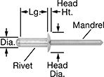 Image of Product. Side1 orientation. Contains Annotated. Zinc-Plated Steel Domed Head Blind Rivets.