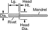 Image of Product. Front orientation. Contains Annotated. 18-8 Stainless Steel Domed Head Sealing Blind Rivets.
