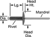 Image of Product. Front orientation. Contains Annotated. Choose-a-Color Domed Head Blind Rivets.