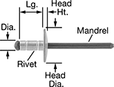 Image of Product. Front orientation. Contains Annotated. Wide-Thickness-Range Large-Diameter Domed Head Blind Rivets.
