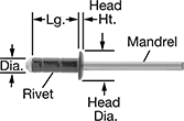 Image of Product. Front orientation. Contains Annotated. Choose-a-Color Wide-Thickness-Range Domed Head Blind Rivets.