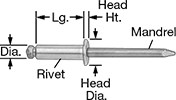 Image of Product. Front orientation. Contains Annotated. 316 Stainless Steel Domed Head Blind Rivets.