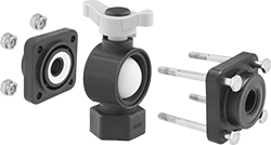 Image of Product. Exploded View. Front orientation. Exploded view. Diverting Valves. Easy-Maintenance Threaded Diverting Valves for Chemicals , Bottom-Port Inlet with T-Handle.