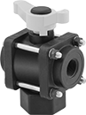 Image of Product. Assembled View. Front orientation. Diverting Valves. Easy-Maintenance Threaded Diverting Valves for Chemicals , Bottom-Port Inlet with T-Handle.