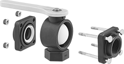 Image of Product. Exploded View. Front orientation. Exploded view. Diverting Valves. Easy-Maintenance Threaded Diverting Valves for Chemicals , Bottom-Port Inlet with Lever Handle.